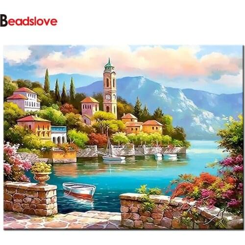 Diamond mosaic set Coastal scenery Diamond Painting Cross Stitch city Mediterranean landscape Full round Drill Embroidery sale