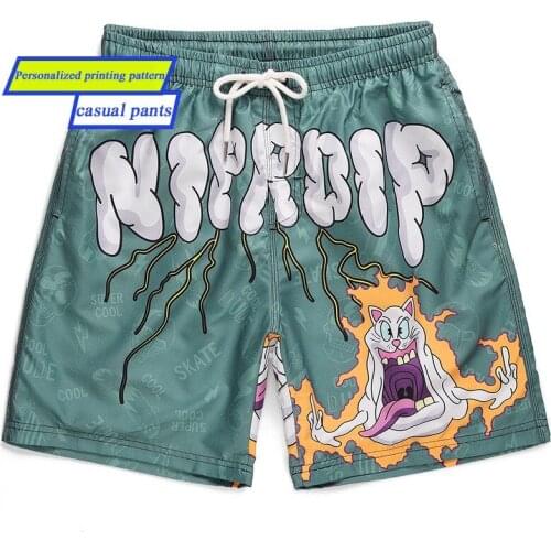 New American Fashion Mens Beach Pants Double-layer Casual Five-point Pants Loose Oversize Cartoon Print Summer Sports Shorts