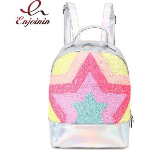 Dazzling Trends Laser Color Stars Applique Silver Fashion Young Girls Zipper Backpack Shoulder Bag School Bags Casual Mochila