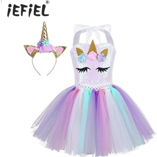 Kid Girls Unicorn Princess Sequin Dress Fluffy Rainbow Tutu Fairy Fancy Dress with Headband for Birthday Party Halloween Cosplay