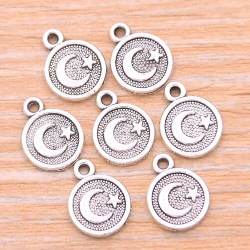 PULCHRITUDE 60Pcs 9*12mm Small Round Charms Moon Star Pendant Metal Alloy For DIY Jewelry Bracelet Necklace Marking