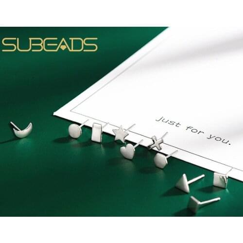 Subeads Real 925 Sterling Silver Star Moon Heart Stud Earrings For Women Simple Geometry Stud Earring Refinement Earring Gifts