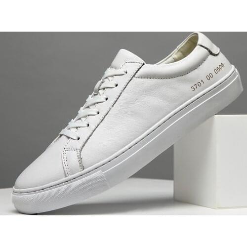 Spring Summer White Genuine Leather Mens Shoes Mens Casual Shoes Fashion Sneakers Wild Mens Flat Shoes Non-slip Board Shoe