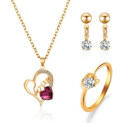Jewelry sets earring ring necklace LOVE letter Heart shape purple white crystal setting gold color plated metal chain