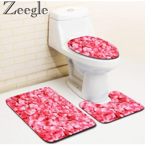 Zeegle 3pcs Bathroom Mat Set Romantic Red Heart Pattern Bath Mat Non-slip Shower Mat Toilet Floor Rugs Pedestal Rug Bath Rug Set