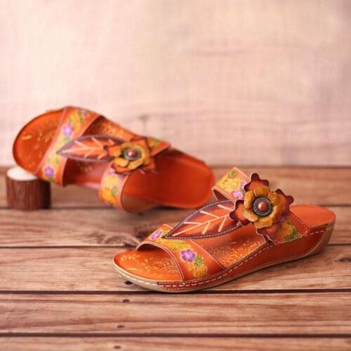 YourSeason Women Slippers Summer 2021 Genuine Leather Hand Painted Slides Handmade Sewing Women Vintage Flower Slippers