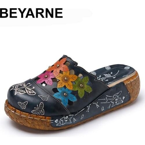 BEYARNE Floral Stud Slippers Women Genuine Leather Platform Shoes Woman Handmade Slides Flip Flops