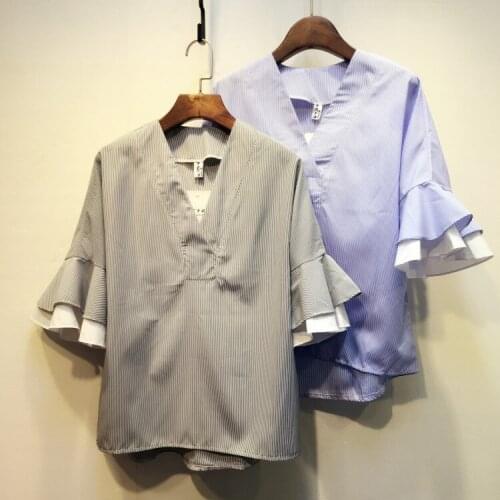 Alpha Women Fashion Shirts 2016 Summer V Neck Flare Sleeve Women Striped Loose Shirts Korean Brand Design Clothing