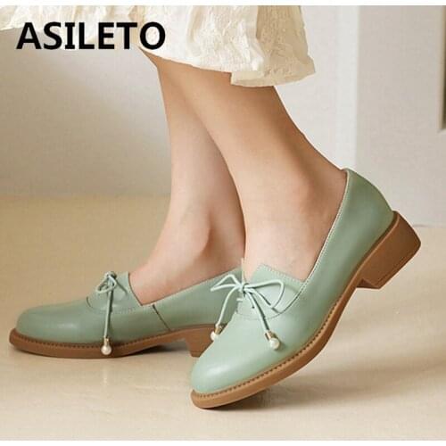 ASILETO Women Flat Shoes Round Toe Pearl Lace-Up Slip-On Classic Simple Vintage Soft Comfort Size 39 Casual Spring Green A3633