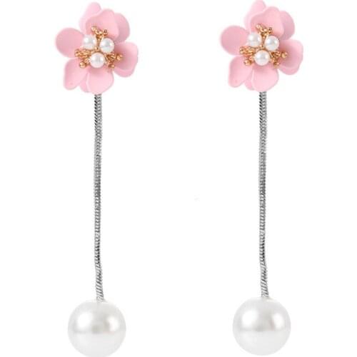 CRLEY Flower Drop Earrings for Women Simulated White Pearl Dangle Silver Color Chain Pink Blue Green Flower Earring Jewelry