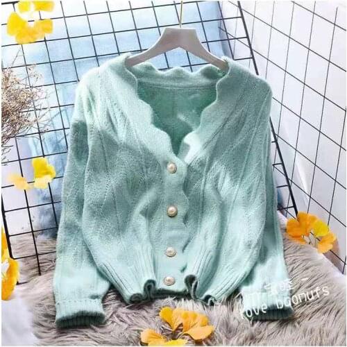 2021 Women Cardigans Spring Short Cropped Cardigans Button Up V neck Twisted Knitted White Cardigan Sueter Feminino autumn