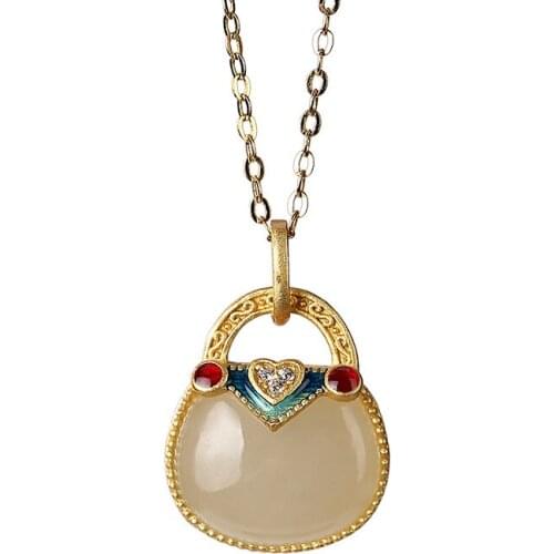 925 sterling silver gold plated cloisonne Hotian jade pendant retro national trend Lucky Bag bag womens pendant