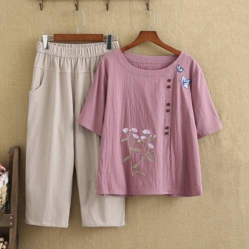 Plus Size Summer Set O-Neck Short Sleeves Cotton And Linen Shirt Elastic Waist Medium And Long Pants Embroidery Two-Piece Suit