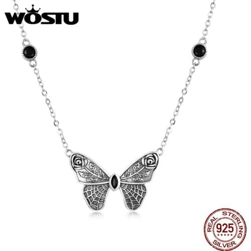 WOSTU Real 925 Sterling Silver Vintage Butterfly Cobwebs Spider Web Pendant Choker Necklace For Women Jewelry Gift CTN235