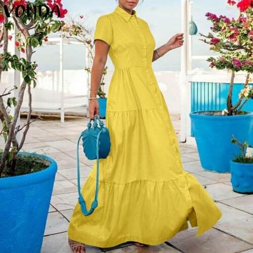 Women Casual Shorts Sleeve Solid Pleated Dress VONDA Long Maxi Dresses Summer Lapel Collar Button Up Robe Bohemian Vestidos