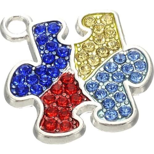12pcs/lot New Rhinestone 4 Colors Puzzle Shape Diabetes Style Pendant Party For Gift Jewelry Charms