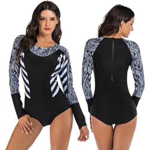 2021 Women One piece Long-sleeved Zipper Surfing Suit Sunscreen Swimsuit High Waist Bikini Swimwear Bather Printing Beachwear