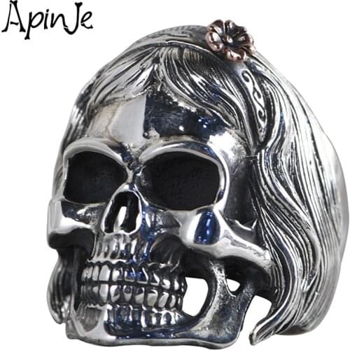 Apinje Heavy Punk Skull Rings For Men Real 925 Sterling Silver Jewelry Motorcycle Biker Rings Skeleton
