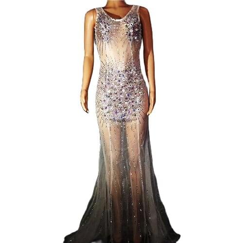Shining Rhinestones Net Yarn Perspective Women Dresses Backless Voile Mermaid Long Dresses Nightclub Singer Dancer Stage Wear