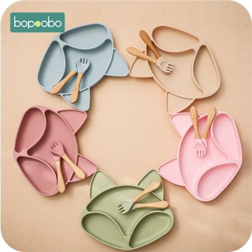 Bopoobo 1set Silicone Baby Feeding Bowl Waterproof With Spoon BPA Free Suction Bowl Food Grade Ware Kitchenware for Kids Stuff