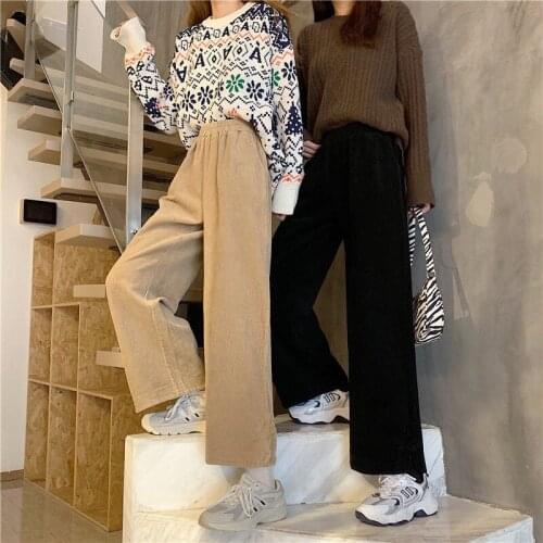 Wide Leg Pants Women Corduroy High-waist Full Length Korean Style Solid Comfortable Female New Chic Elastic Casual Trousers