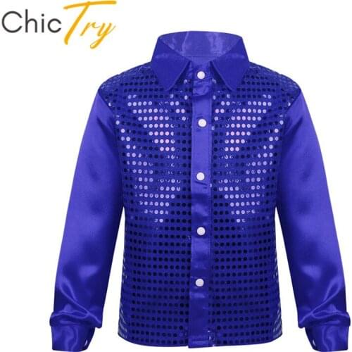 ChicTry Kids Boys Shiny Sequins Long Sleeve Dancing Shirt Choir Hip Hop Jazz Dance Costume Children Stage Performance Dance Tops
