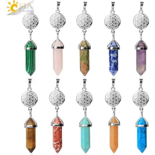 CSJA Natural Stone Silver Color Pendants for Necklace Flower of Life Hexagonal Crystal Tiger Eye Amethysts Women Luck Gift G729