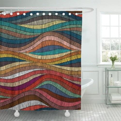 Colorful Drawing Embroidered Pattern Wavy Bohemian Patchwork Tribal Vintage Shower Curtain Waterproof Fabric 72 x 78 Inches Set