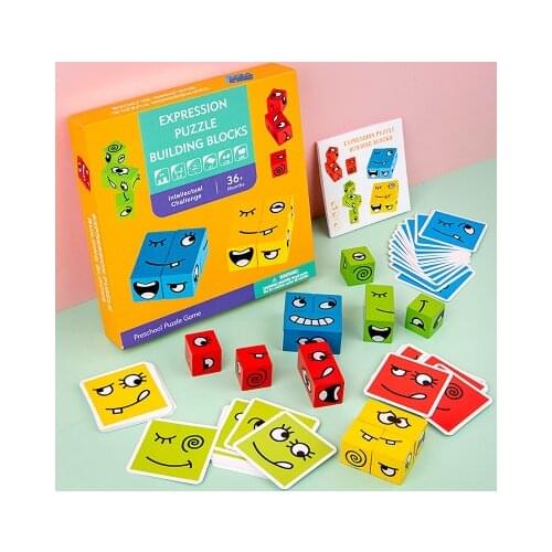 Children Wooden Blocks Facial Expression Stacking Machine Early Educational Learning Toys Cards for Classroom Speech Therapy