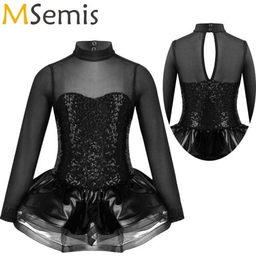 Kids Girls Shiny Sequins Ballet Dress Long Sleeve Tulle Splice Figure Ice Skating Leotard Tutu Ballerina Classical Dance Costume