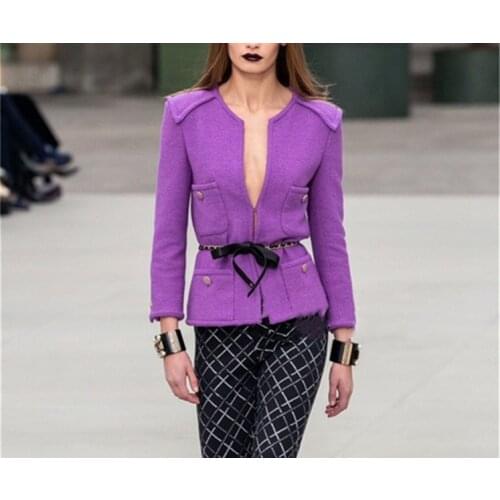 Purple Front Pocket Twill Cotton Wool Tweed Jacket/Pleated Mini Skirt Set Metal Chain Jewel Embossed Button Tailored Slim Blazer