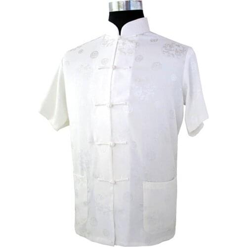 Hot Sale White Traditional Chinese style Mens Shirt top Summer Satin Polyester Hombres Camisa Size S M L XL XXL XXXL M0015