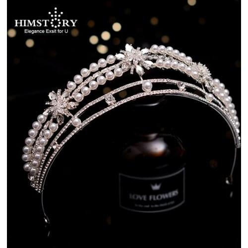 HIMSTORY Newest Rhinestone Pearls Tiaras Crowns Royal Queen Headband Princess Party Wedding Hair Jewelry Bridal Accessories