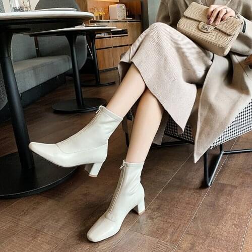 Leather Sheepskin Martin Boots Platform British Style Zipper Square Toe Flat Single Boot Ankle Boots