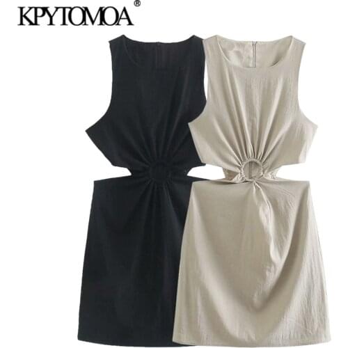 KPYTOMOA Women 2021 Fashion With Ring Hollow Out Linen Mini Dress Vintage Sleeveless Back Zipper Female Dresses Vestidos Mujer