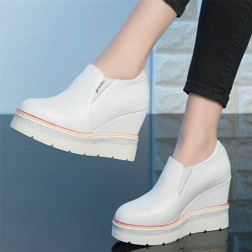 Fashion Sneakers Women Genuine Leather Wedges High Heel Ankle Boots Female Round Toe Walking Platform Pumps Shoes Casual Shoes