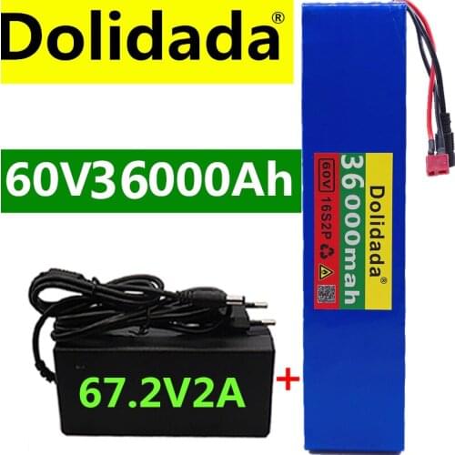 60V 16S2P 36Ah 18650 Li-ion Battery Pack 67.2V 36000mAh Ebike Electric bicycle Scooter with BMS 1000Watt Tplug+charger