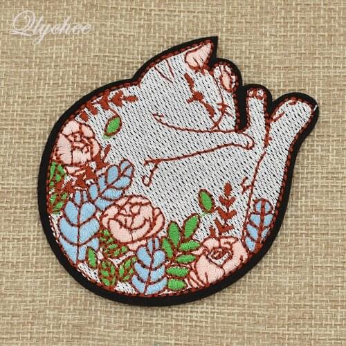 Cartoon Lovely Sleeping Cat Flowers Plants Iron On Embroidery Patch DIY Craft Clothes Bag Shoes Cloth Applique
