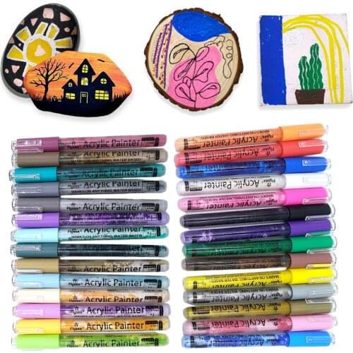 28pcs Acrylic Paint Marker Pens Set, Water-Based Fine Tip Coloring Pen for Rock Painting, Porcelain, Glass, Pebble,Fabric
