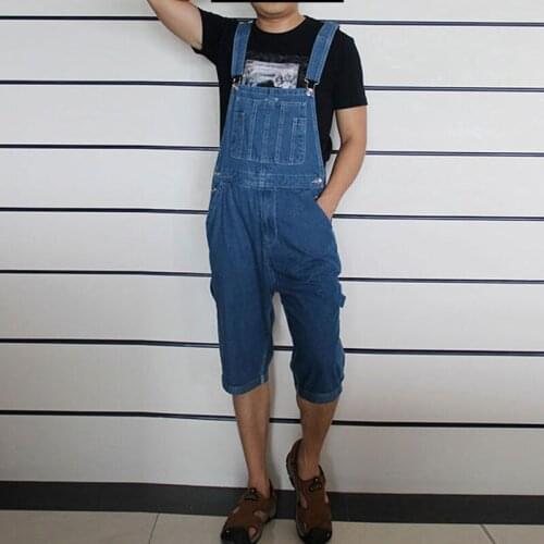 2020 New Modis Mens Denim Overalls Five pants Shorts Mens tide Loose Large size Straight pants Mens Dark blue jeans Size 46