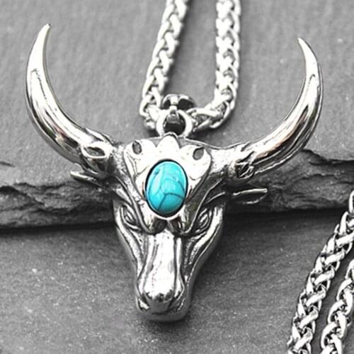New Retro Blue Turquoise Bull Head Pendant Trendy Mens Necklace Fashion Personality Domineering Female Sweater Chain