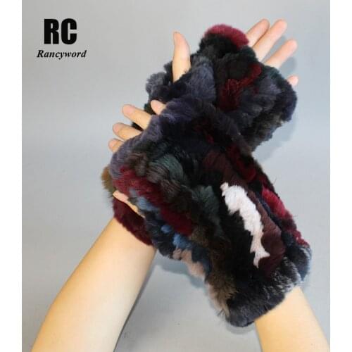 [Rancyword] Women Gloves Winter Knit Real Rex Rabbit Fur Gloves Leather Girl Elastic Soft Warm Fingerless Gloves Women RC1387