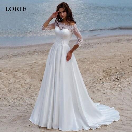 LORIE Satin Wedding Dresses Top Lace A-Line Elegant Wedding Gown Off The Shoulder Train Country Bridal Dress vestido De novia