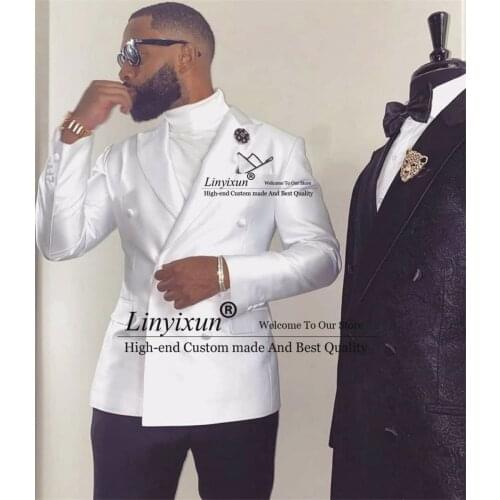 Luxury White Jacket Black Pant Men Suit Slim Fit Wedding Groom Tuxedo Double Breasted Prom Blazer Costume Homme 2 Pieces