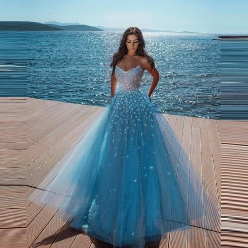 Light Sky Blue Evening Dress Strapless Beaded Long Tulle Ball Gown Prom Dresses Lace Sequins Arabic Style Gown