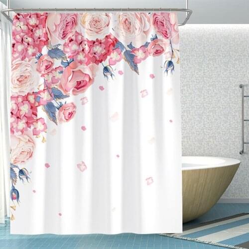Nordic Pink Flowers Bathroom Partition Curtain Shower Curtain Waterproof Mildew-Proof Polyester Curtain Bathroom Curtain
