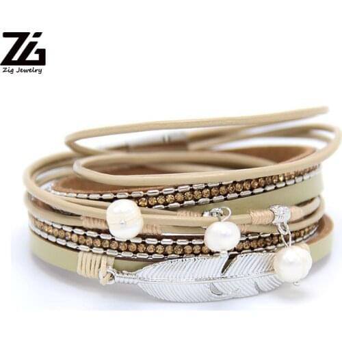 ZG Multilayer Leather Bracelets for Women Femme Crystal Metal Beads Charm Bohemian Style Female Jewelry