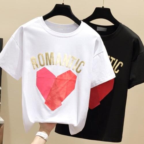 Gkfnmt T Shirts Female Cotton Women Tops Applique Shirts Summer T-Shirt Elastic 2021 Short Sleeve Ladies Love Black White Tshirt