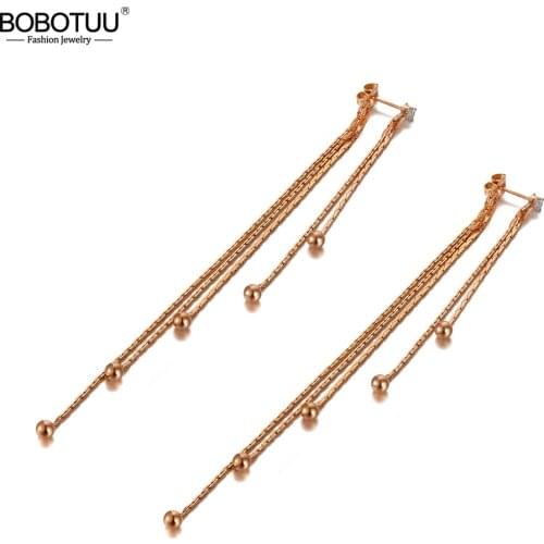 BOBOTUU Rose Gold Geometric Tassel Long Earrings Stainless Steel Trendy CZ Crystal Earrings Jewelry For Women Girls BE20106