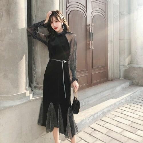 Ladies Dresses New Arrival 2020 Fashion Velvet Dress Lace Sleeves Patchwork Retro Vestidos Black Mermaid Dresses For Women A5415